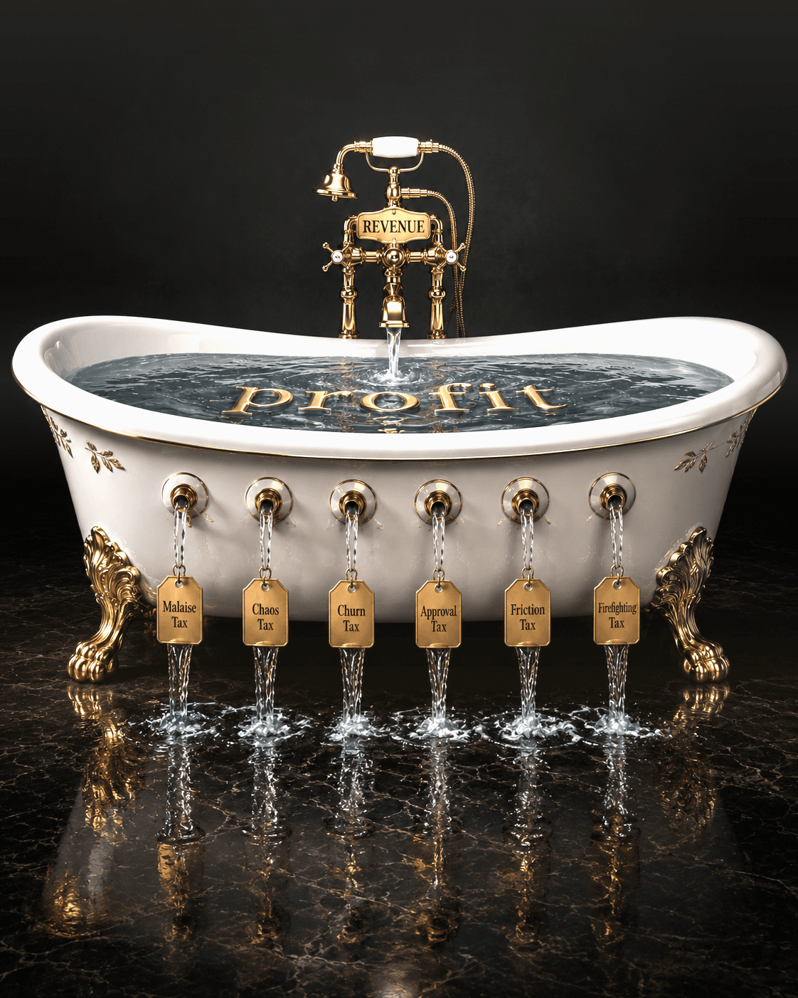 A revenue tap filling a bath while water leaks through six labelled operational taxes